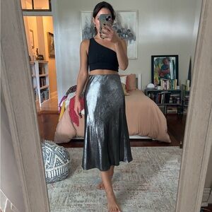 Metallic silver midi skirt
